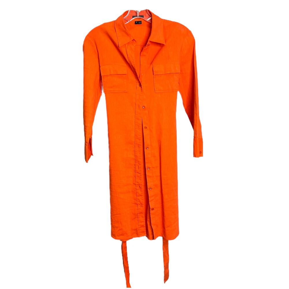 Theory Women's Sz 4 Virgilia Shirt Dress Orange Button-Front Linen Belted